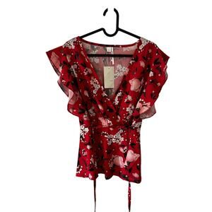 Beyond Women Red Floral Peplum Wrap Blouse Top Large Lightweight Flutter Sleeves